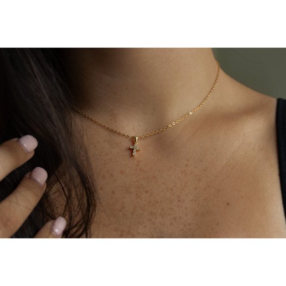 Diamond CZ Cross Necklace, Tiny Cross Necklace, Mini Cross Necklace - Picture 4 of 7